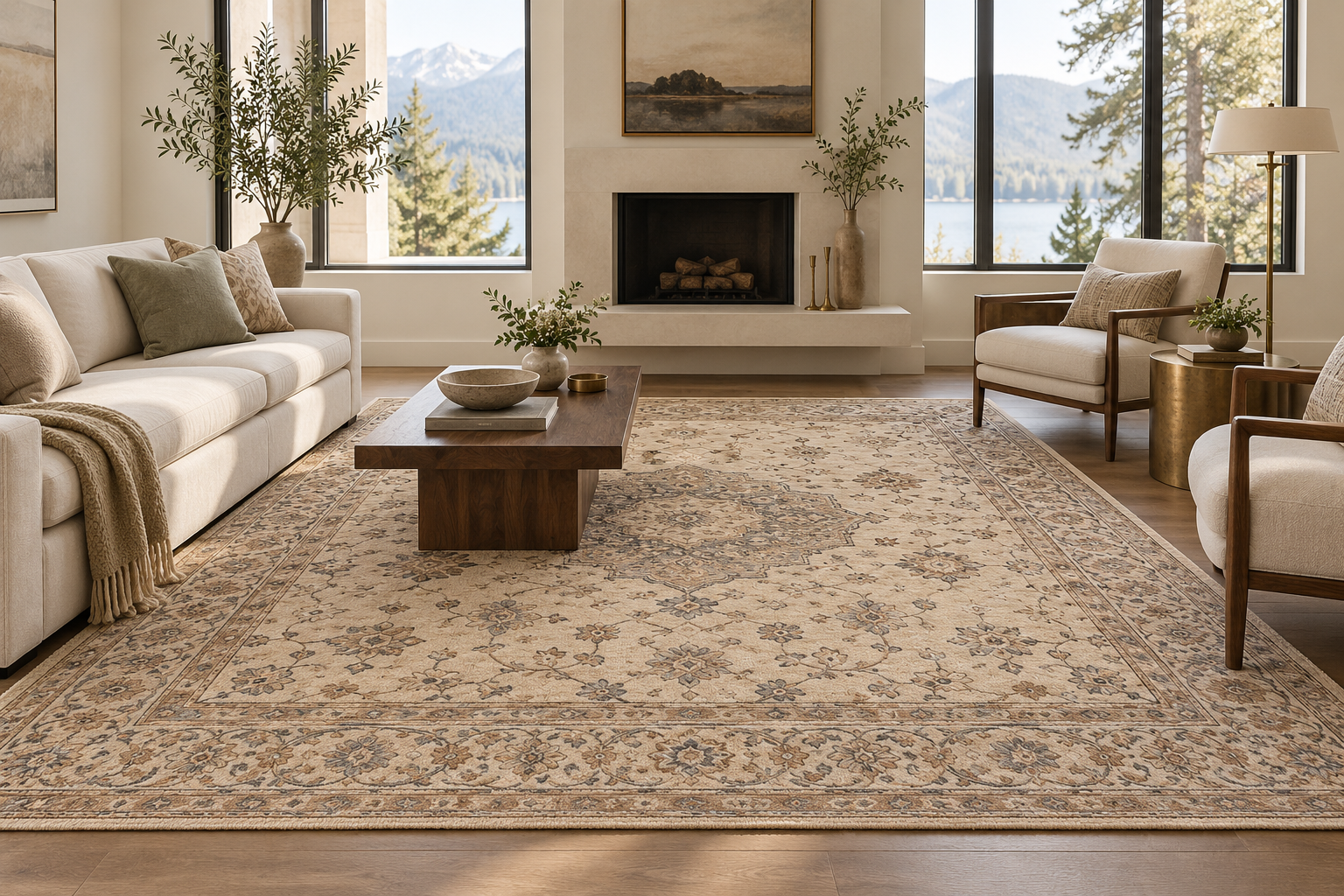 Hand-knotted rug in an elegant living room